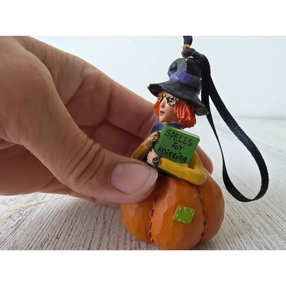 Knitter witch Halloween ornament spells‎ cute pumpkin tree